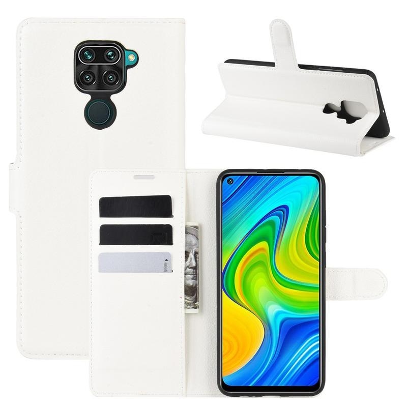 Litchi PU bőr pénztárca tok Xiaomi Redmi Note 9-hez - fehér