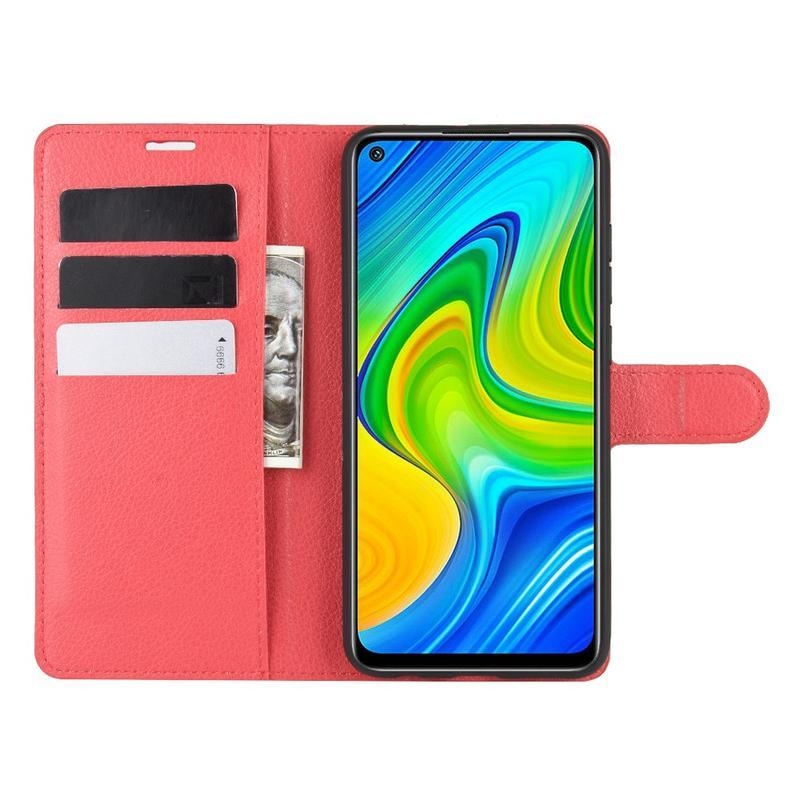 Litchi PU bőr pénztárca tok a Xiaomi Redmi Note 9-hez - piros
