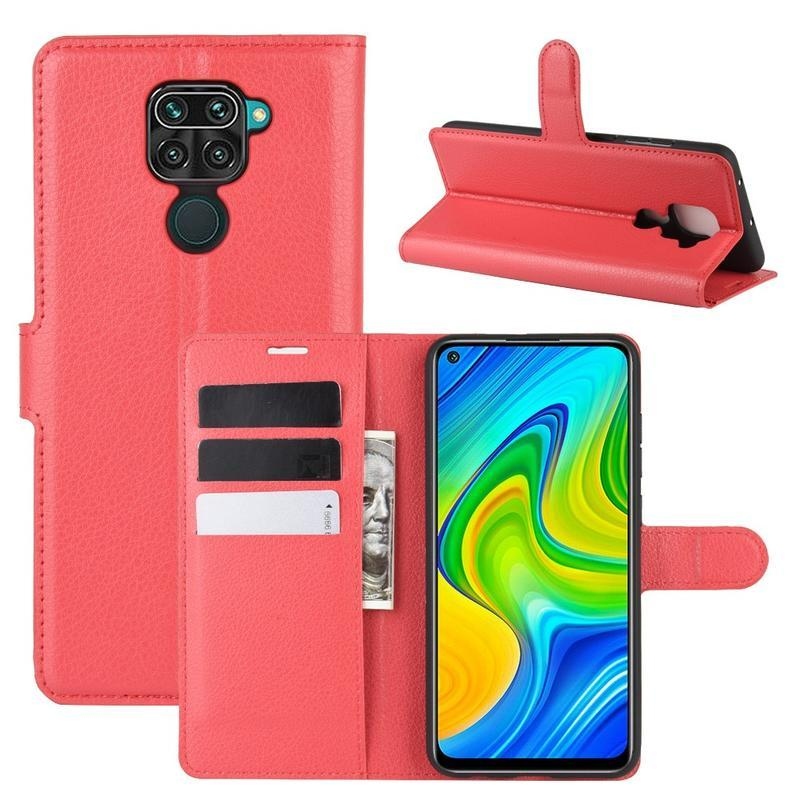 Litchi PU bőr pénztárca tok a Xiaomi Redmi Note 9-hez - piros
