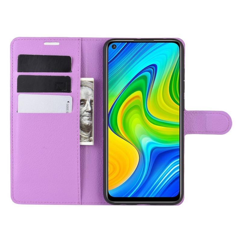 Litchi PU bőr pénztárca tok Xiaomi Redmi Note 9-hez - lila