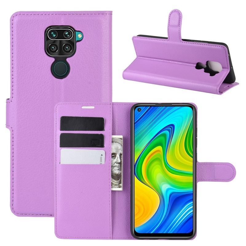 Litchi PU bőr pénztárca tok Xiaomi Redmi Note 9-hez - lila
