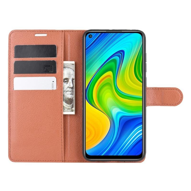 Litchi PU bőr pénztárca tok Xiaomi Redmi Note 9-hez - barna