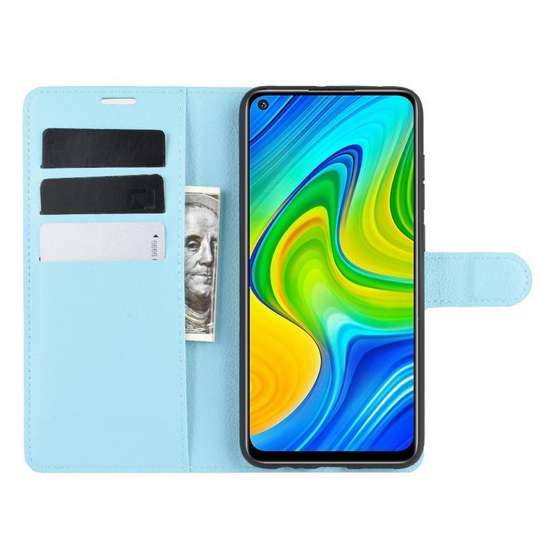 Litchi PU bőr pénztárca tok Xiaomi Redmi Note 9-hez - kék