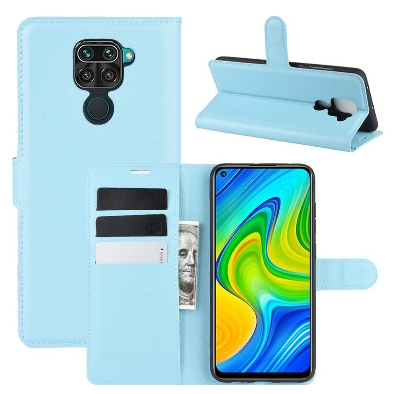 Litchi PU bőr pénztárca tok Xiaomi Redmi Note 9-hez - kék