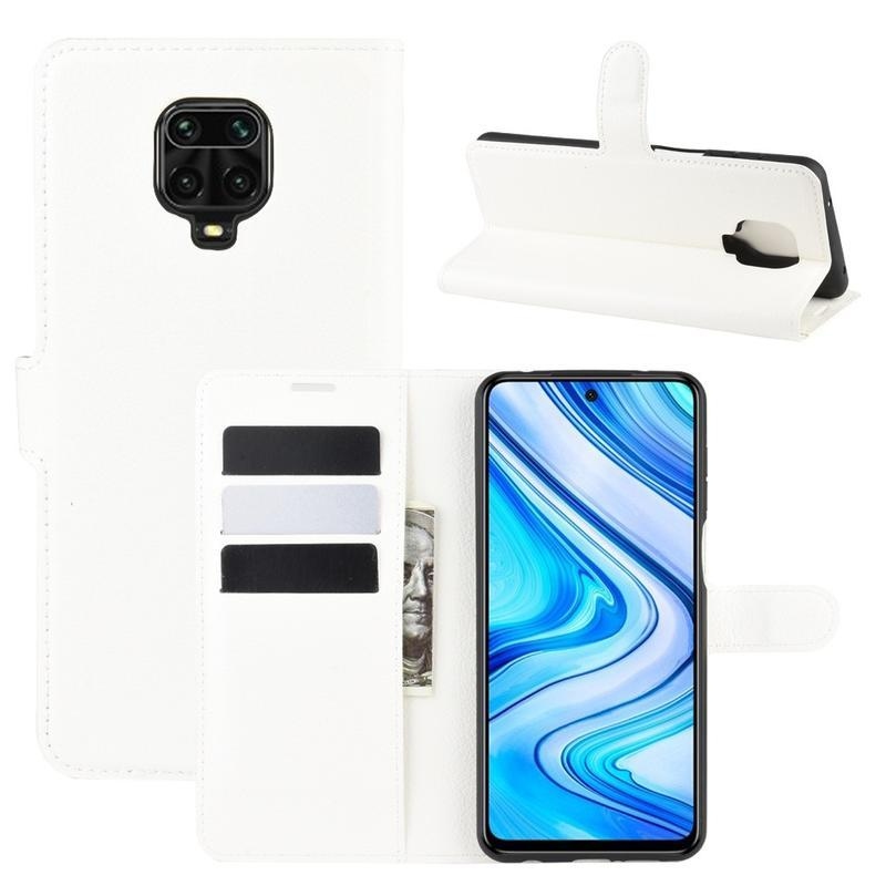 Litchi PU bőr pénztárca tok Xiaomi Redmi Note 9 Pro/Note 9S - fehér