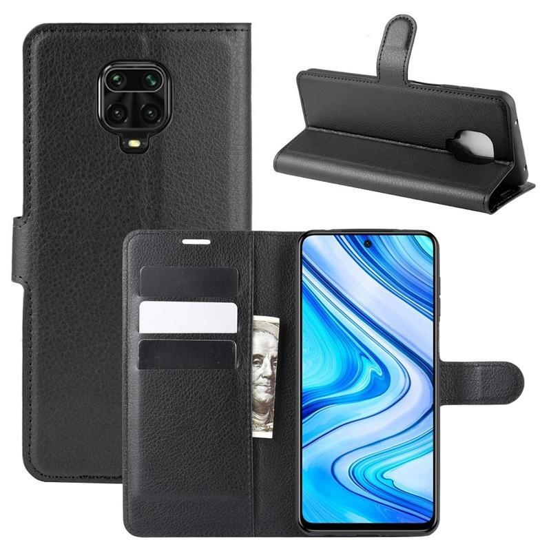 Litchi PU bőr pénztárca tok a Xiaomi Redmi Note 9 Pro/Note 9S számára - fekete