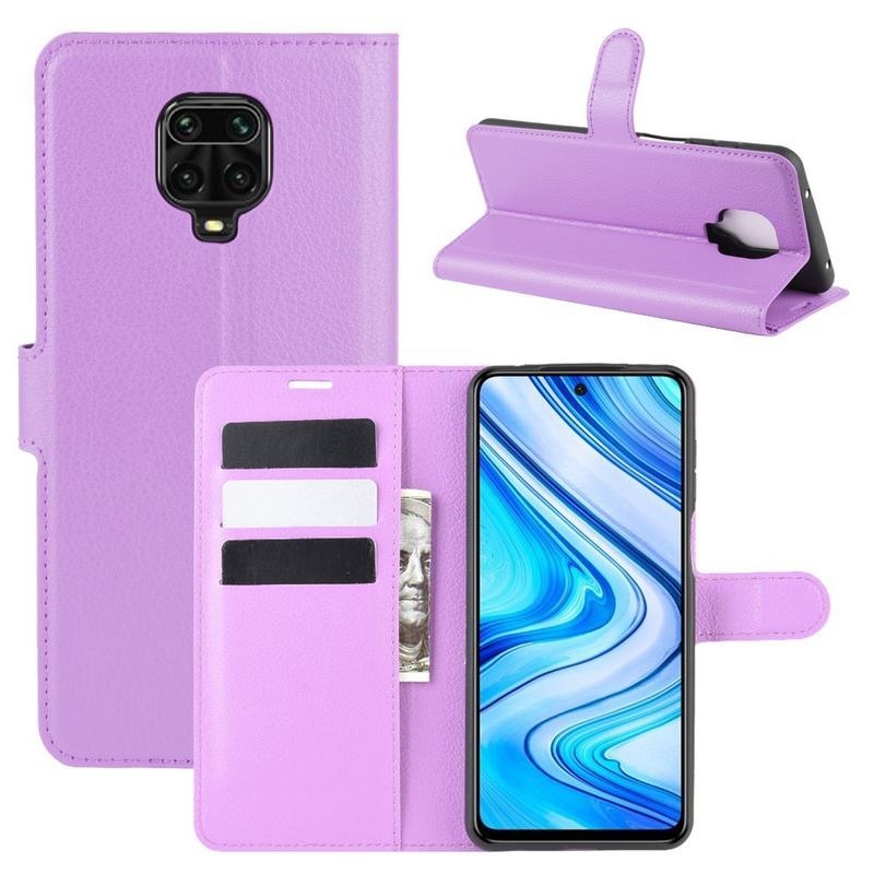 Litchi PU bőr pénztárca tok Xiaomi Redmi Note 9 Pro/Note 9S - lila