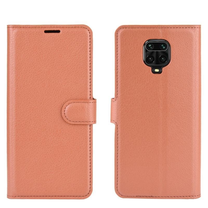 Litchi PU bőr pénztárca tok Xiaomi Redmi Note 9 Pro/Note 9S - barna