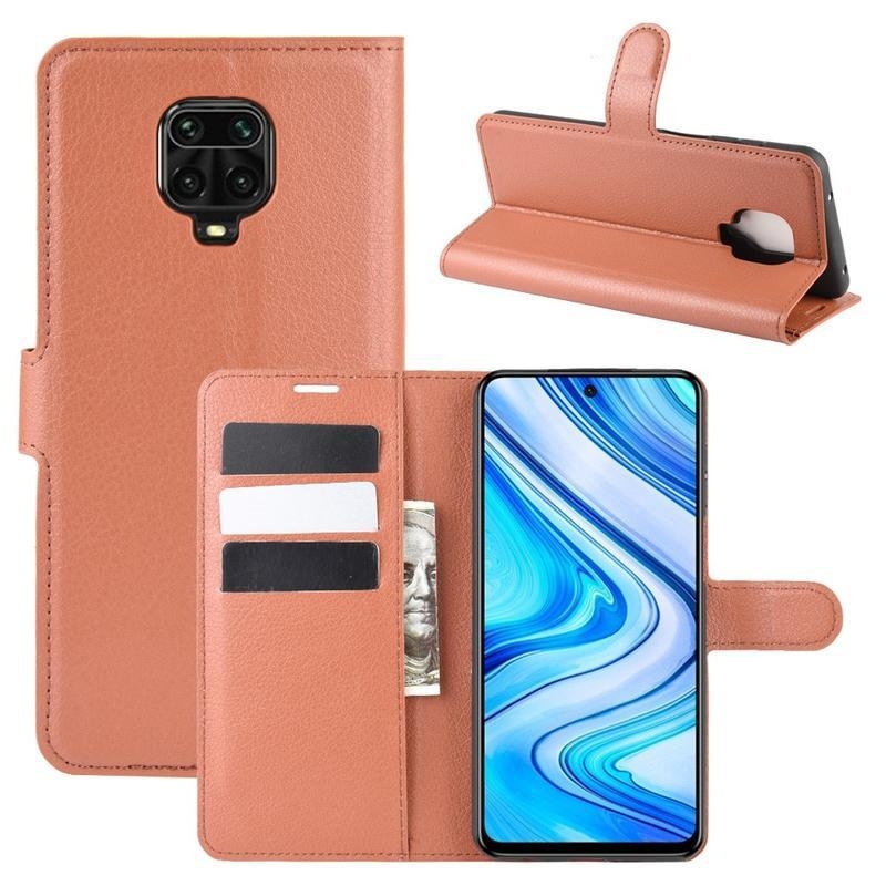 Litchi PU bőr pénztárca tok Xiaomi Redmi Note 9 Pro/Note 9S - barna
