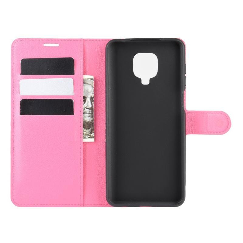 Litchi PU bőr pénztárca tok Xiaomi Redmi Note 9 Pro/Note 9S - rózsaszínű