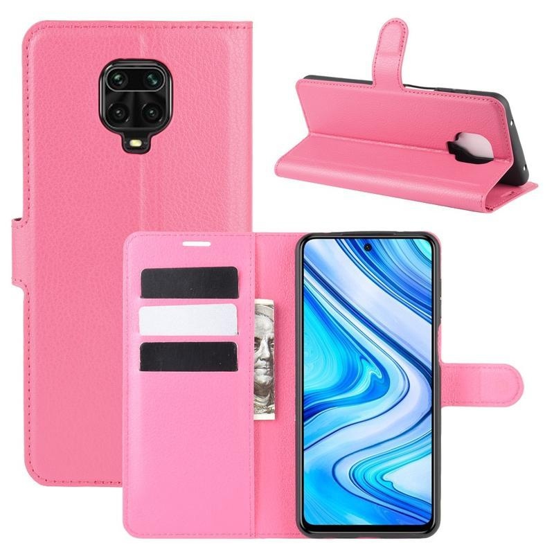 Litchi PU bőr pénztárca tok Xiaomi Redmi Note 9 Pro/Note 9S - rózsaszínű