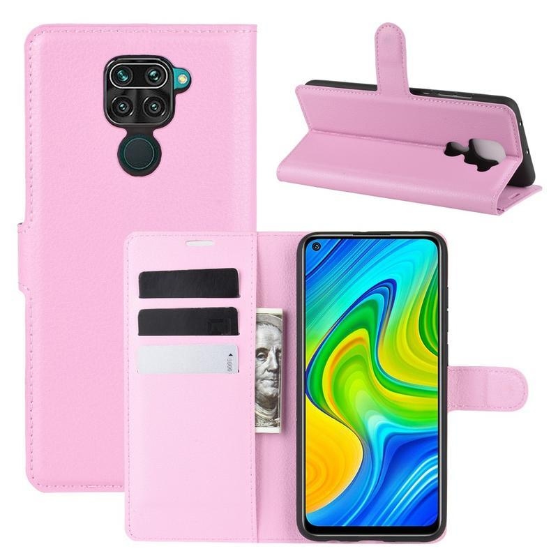 Litchi PU bőr pénztárca tok Xiaomi Redmi Note 9-hez - rózsaszínű
