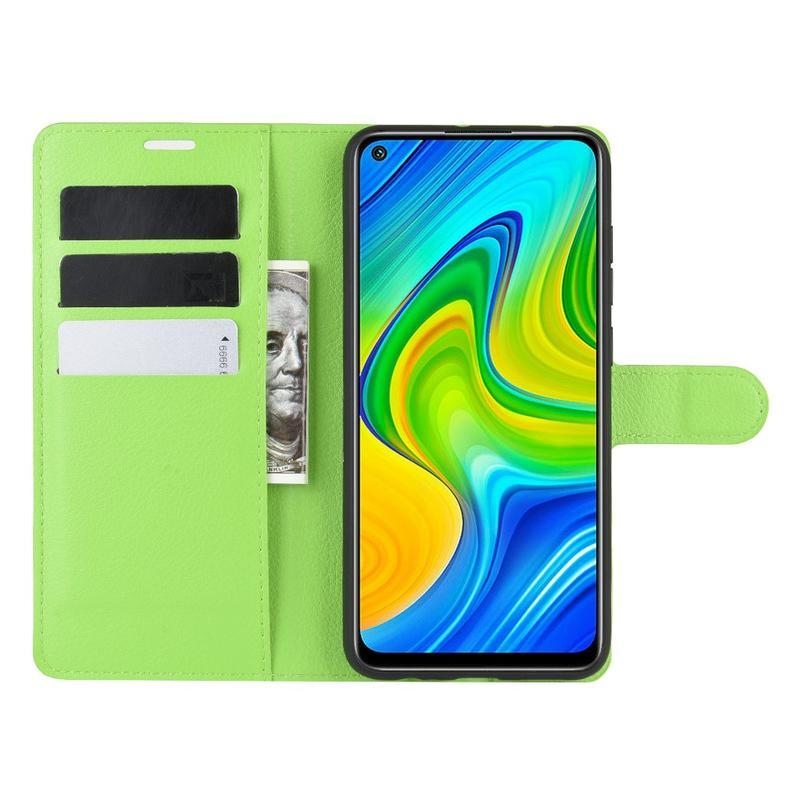 Litchi PU bőr pénztárca tok Xiaomi Redmi Note 9-hez - zöld