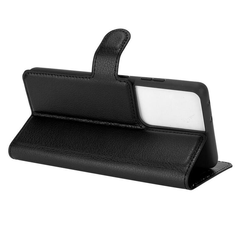 Litchi PU bőr pénztárca tok mobiltelefonhoz Samsung Galaxy S21 Ultra 5G - fekete