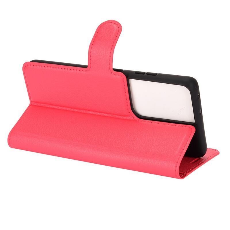 Litchi PU bőr pénztárca tok mobiltelefonhoz Samsung Galaxy S21 Ultra 5G - piros