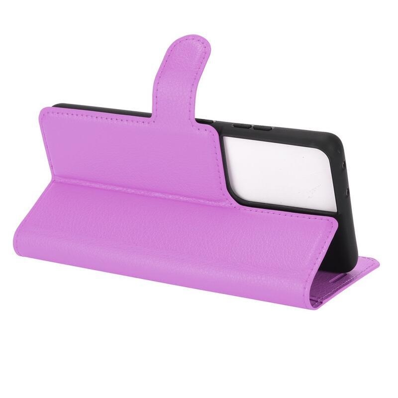 Litchi PU bőr pénztárca tok mobiltelefonhoz Samsung Galaxy S21 Ultra 5G - lila