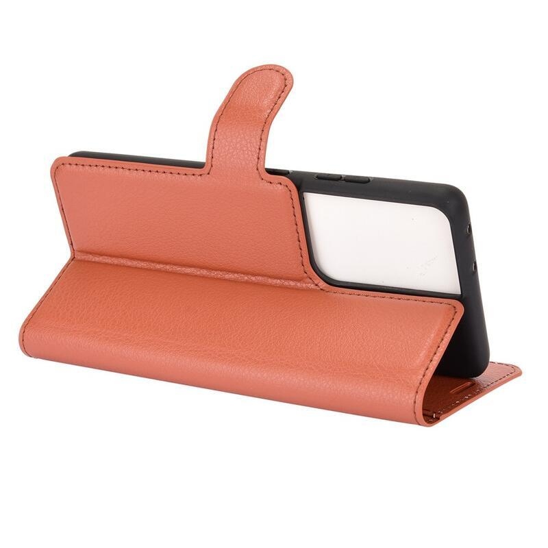 Litchi PU bőr pénztárca tok mobiltelefonhoz Samsung Galaxy S21 Ultra 5G - barna