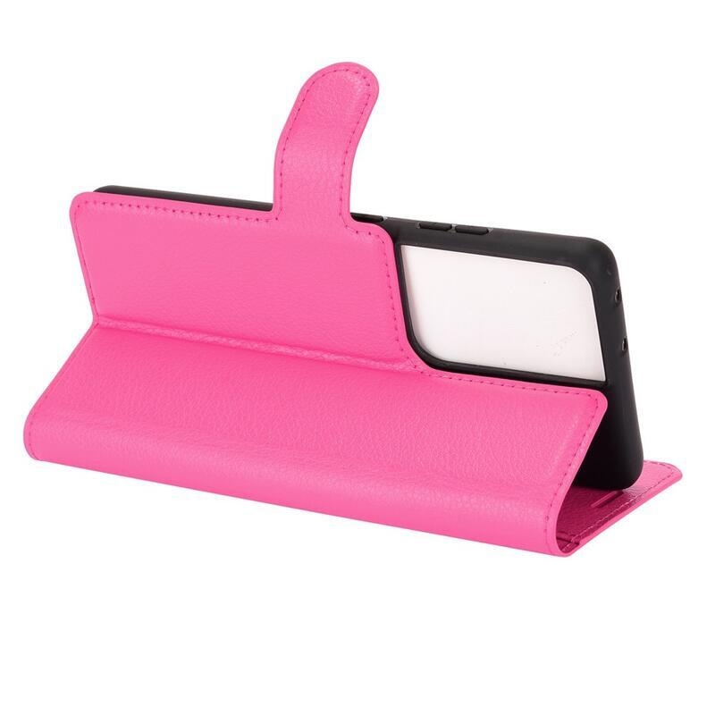 Litchi PU bőr pénztárca tok mobiltelefonhoz Samsung Galaxy S21 Ultra 5G - rózsaszínű