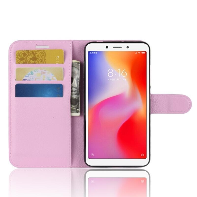 Litchi PU bőr pénztárca tok Xiaomi Redmi 6A - rózsaszínű