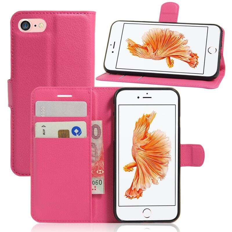 Litchi PU bőr pénztárca tok iPhone SE (2020)/7/8 készülékhez - rózsaszínű