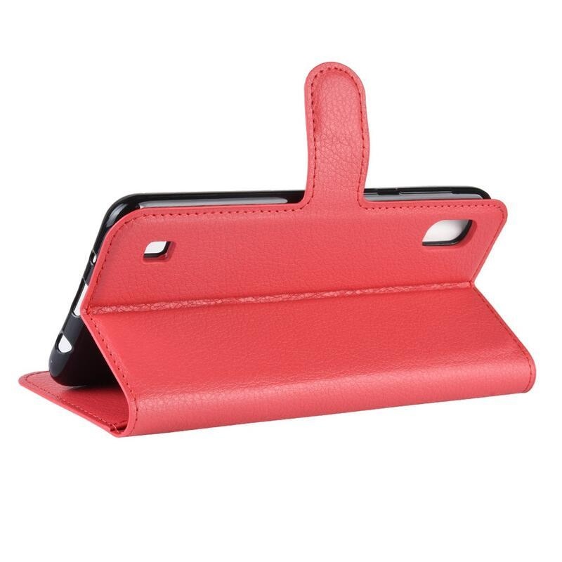 Litchi PU bőr pénztárca tok mobiltelefonhoz Samsung Galaxy A10 - piros