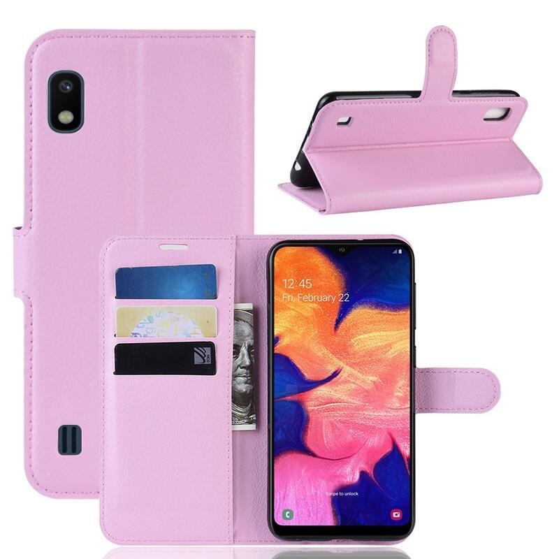 Litchi PU bőr pénztárca tok mobiltelefonhoz Samsung Galaxy A10 - rózsaszín