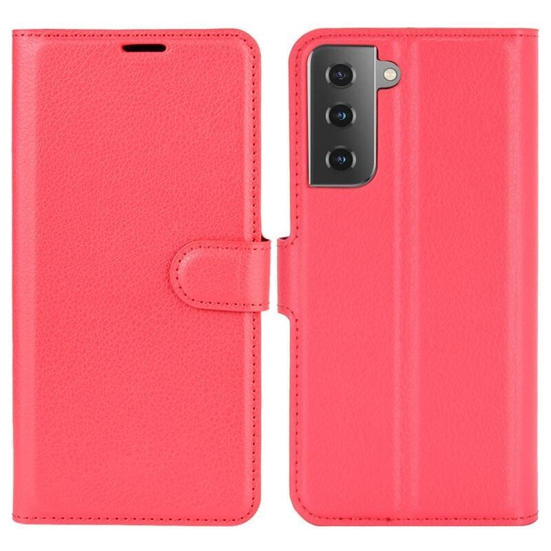 Litchi PU bőr pénztárca tok Samsung Galaxy S21 mobiltelefonhoz - piros