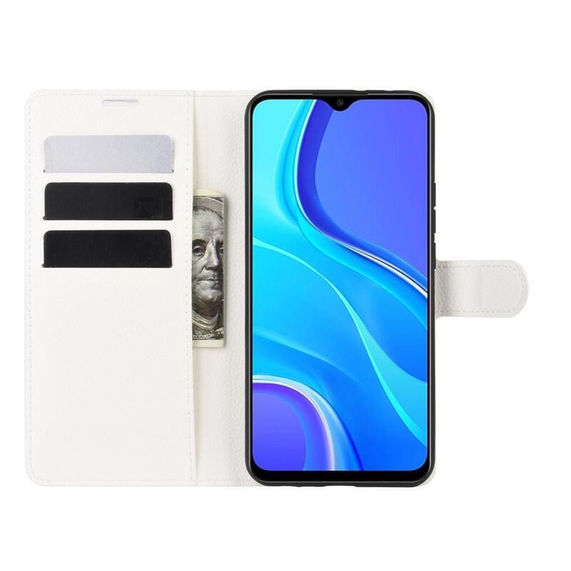 Litchi PU bőr pénztárca tok Xiaomi Redmi 9 mobiltelefonhoz - fehér