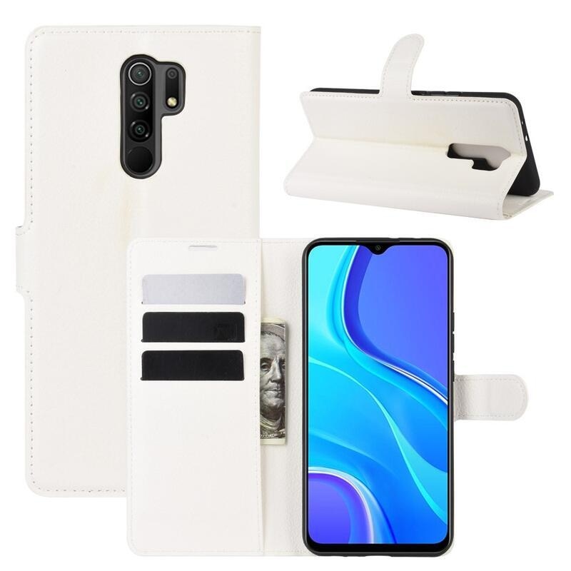 Litchi PU bőr pénztárca tok Xiaomi Redmi 9 mobiltelefonhoz - fehér