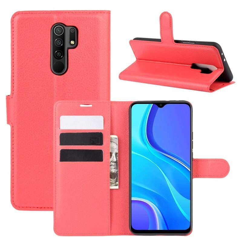 Litchi PU bőr pénztárca tok Xiaomi Redmi 9 mobiltelefonhoz - piros