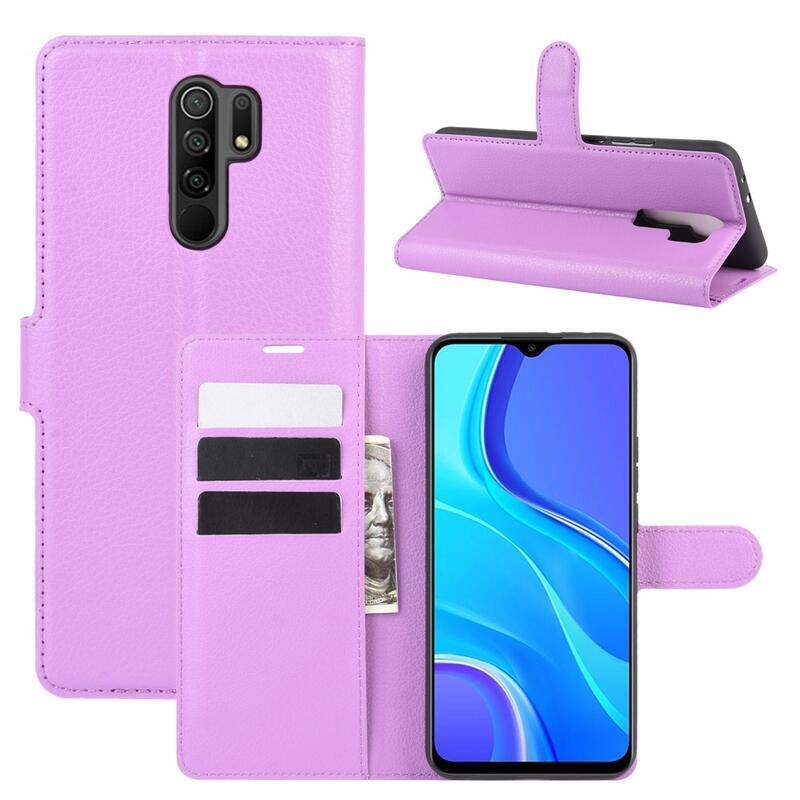 Litchi PU bőr pénztárca tok Xiaomi Redmi 9 mobiltelefonhoz - lila