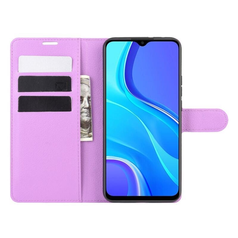 Litchi PU bőr pénztárca tok Xiaomi Redmi 9 mobiltelefonhoz - lila
