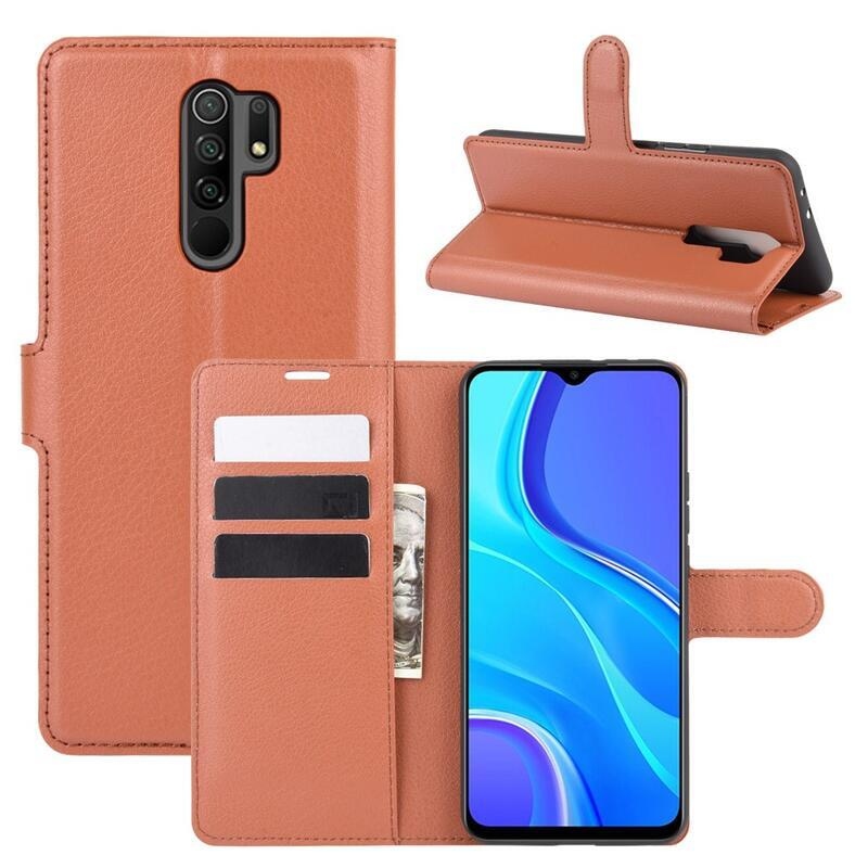 Litchi PU bőr pénztárca tok Xiaomi Redmi 9 mobiltelefonhoz - barna