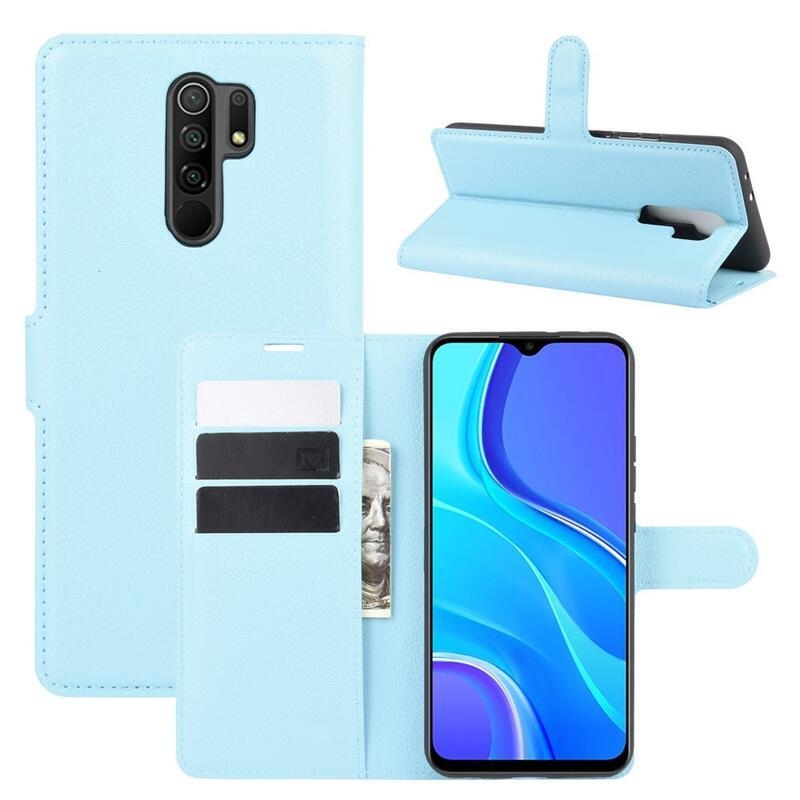 Litchi PU bőr pénztárca tok Xiaomi Redmi 9 mobiltelefonhoz - kék
