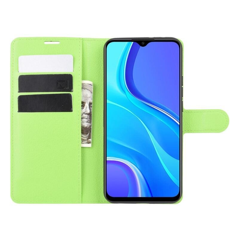 Litchi PU bőr pénztárca tok Xiaomi Redmi 9 mobiltelefonhoz - zöld