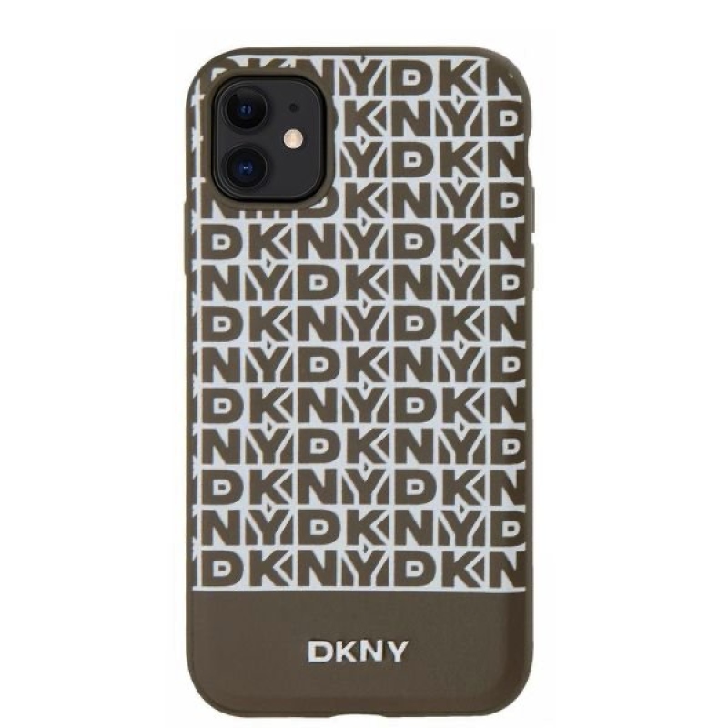 DKNY PU bőr ismétlődő mintás alsó csíkos MagSafe hátlap iPhone 11 barna színű borítóhoz