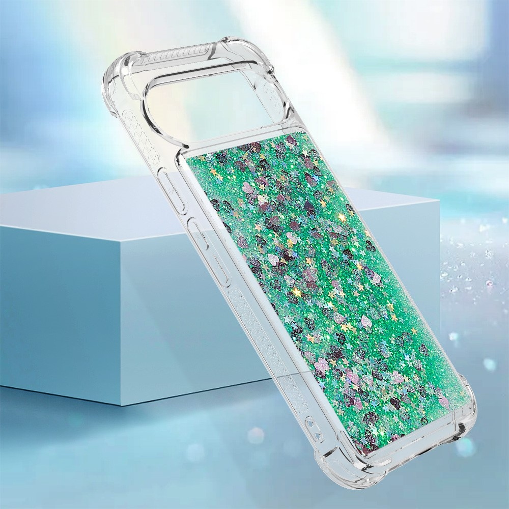 Csillogó homokóra zselés tok Google Pixel 10 Pro/Pixel 10 - zöld/szívek