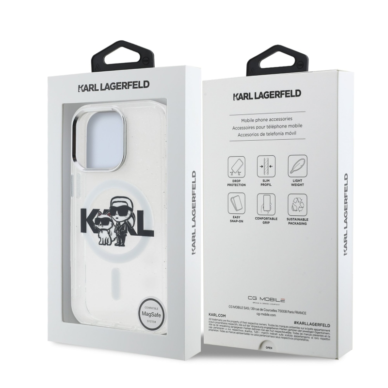 Karl Lagerfeld IML Glitter Karl és Choupette Sketch MagSafe hátlap iPhone 15 Pro Max-hoz Átlátszó