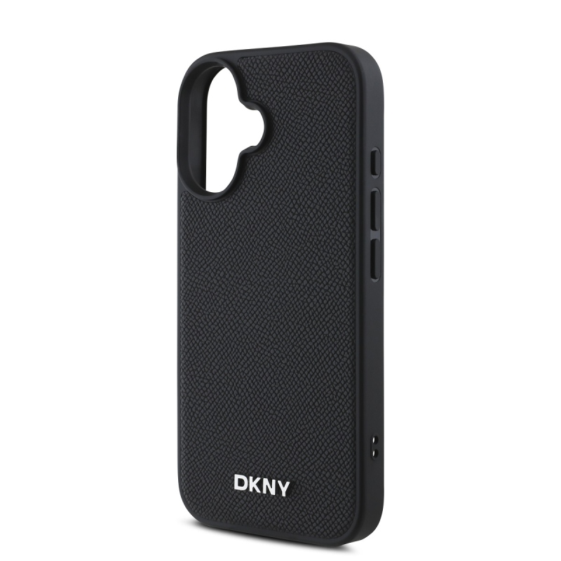 DKNY PU bőr ezüst fém logó Magsafe hátlap iPhone 16 Plus fekete