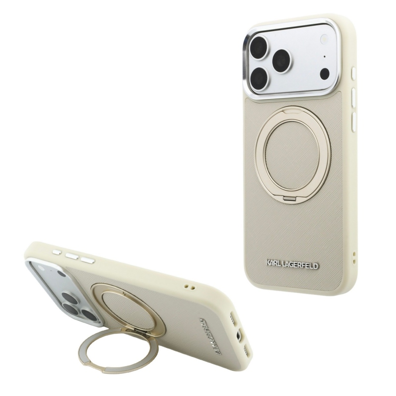 Karl Lagerfeld PU Saffiano gyűrűs állványos MagSafe hátsó tok iPhone 18 Pro-hoz, bézs színben