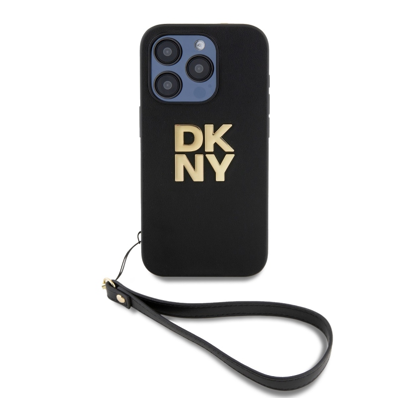 DKNY PU bőr Stack Logo csuklópánt hátlapi borító iPhone 15 Pro fekete színhez