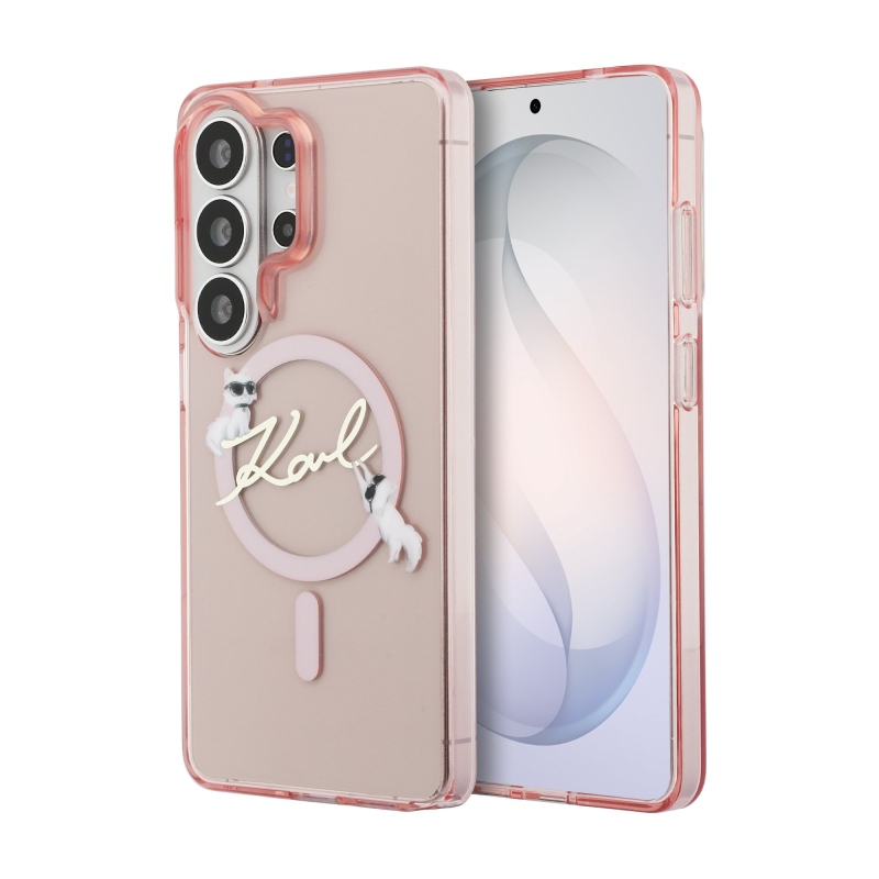 Karl Lagerfeld IML Choupette Karl Script Logo mágneses hátlap a Samsung Galaxy S26 Ultra Pink számára