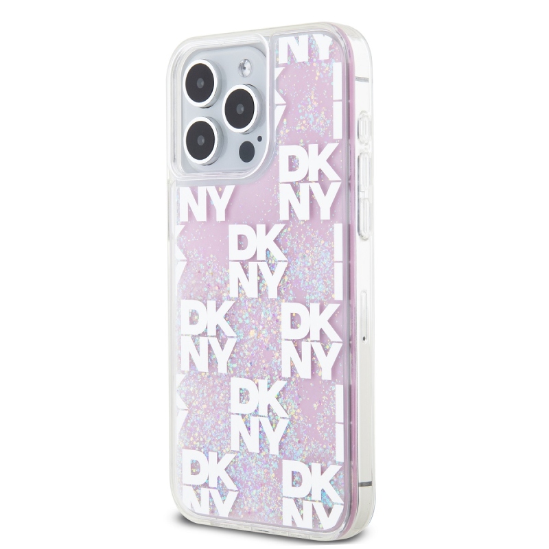 DKNY Liquid Glitter Checkered Pattern hátlapi borító iPhone 15 Pro Max rózsaszínhez