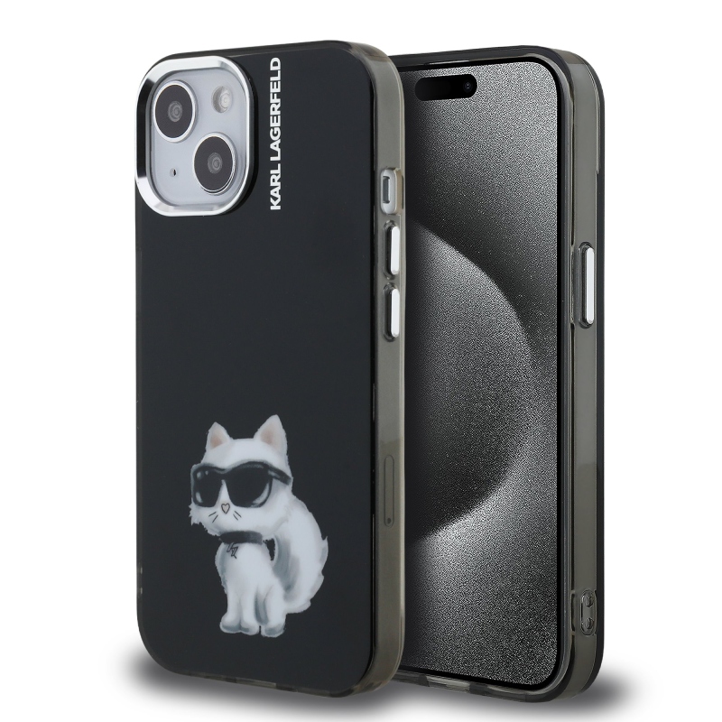 Karl Lagerfeld IML Aquarelle Choupette hátlapi borító iPhone 15-hez Fekete