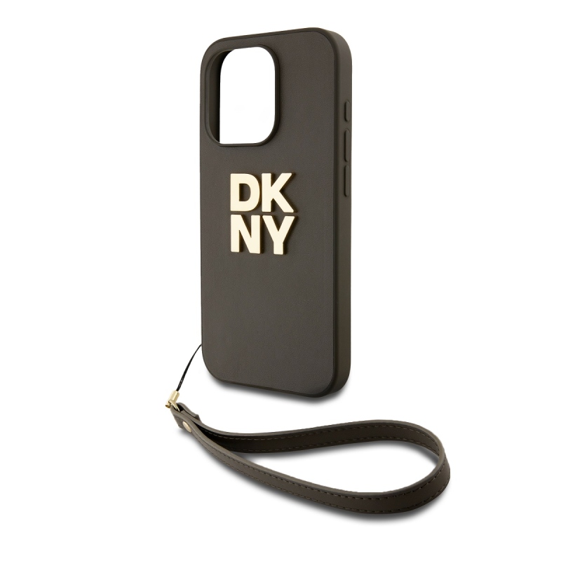 DKNY PU bőr Stack Logo csuklópánt hátlapi borító iPhone 14 Pro barna színhez