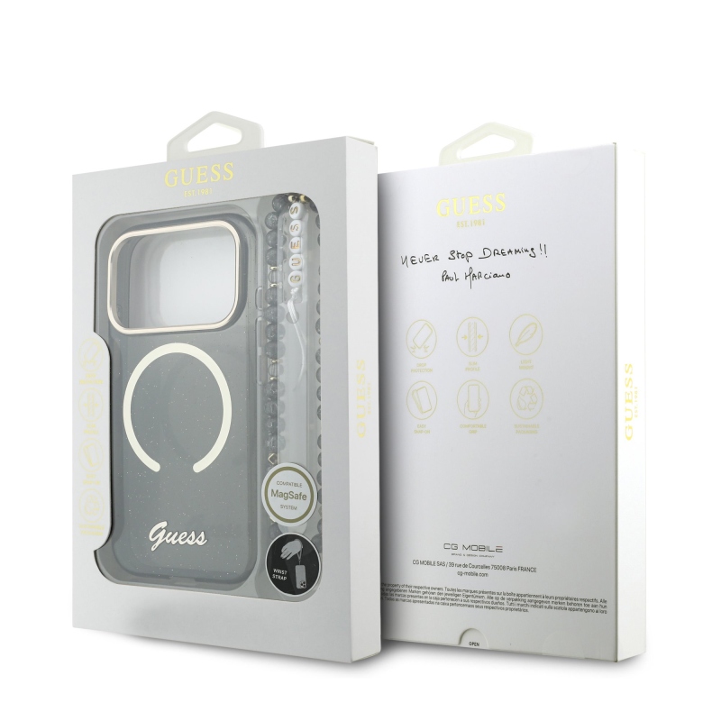 Guess IML Glitter Script Strap MagSafe hátlapi borító iPhone 17 Pro Fekete
