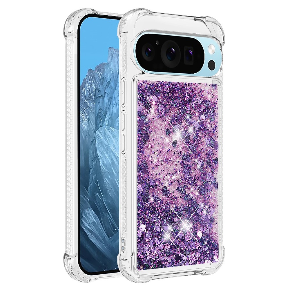 Csillogó homokóra zselés tok Google Pixel 10 Pro/Pixel 10 - sötétlila/szívecske