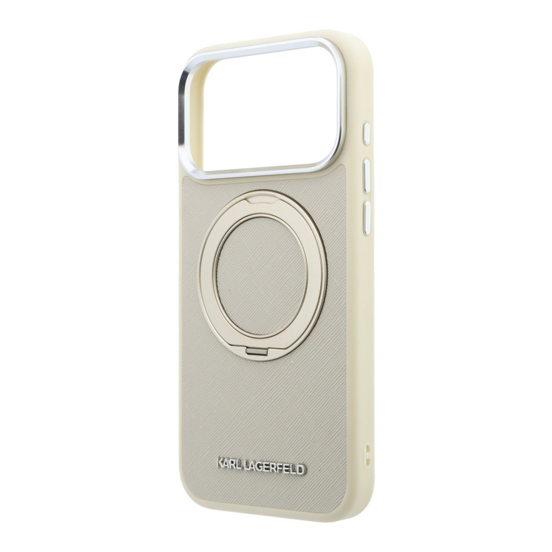 Karl Lagerfeld PU Saffiano gyűrűs állványos MagSafe hátsó tok iPhone 18 Pro-hoz, bézs színben