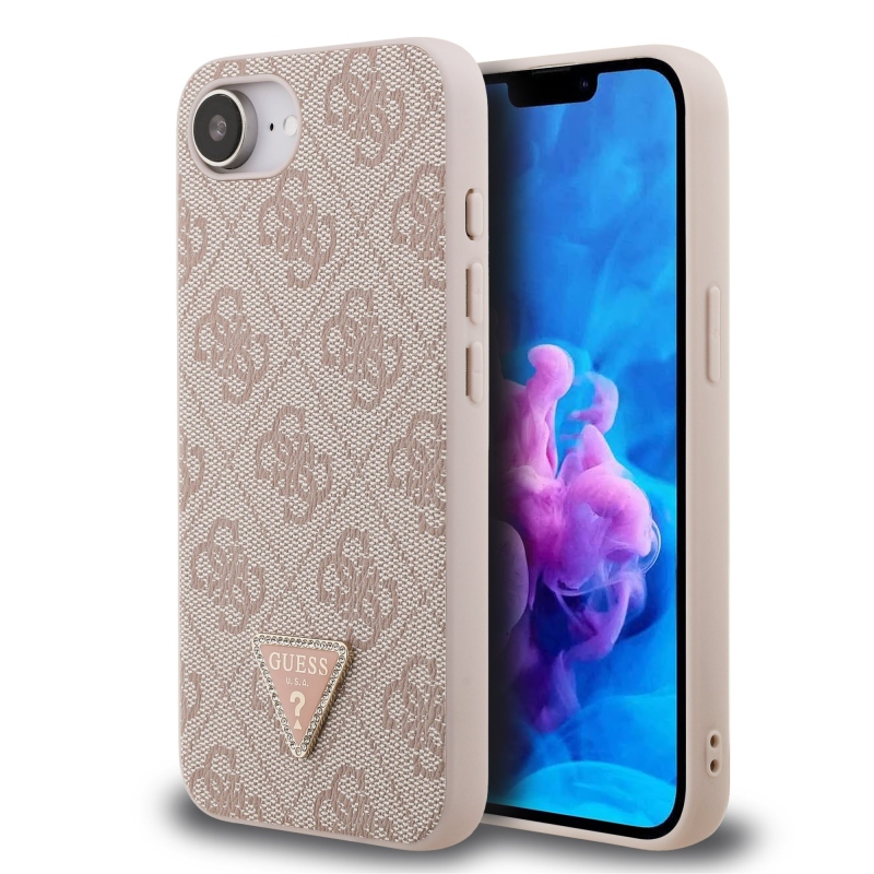 Guess PU 4G Strass háromszög fém logó hátlap iPhone 16e rózsaszínűre