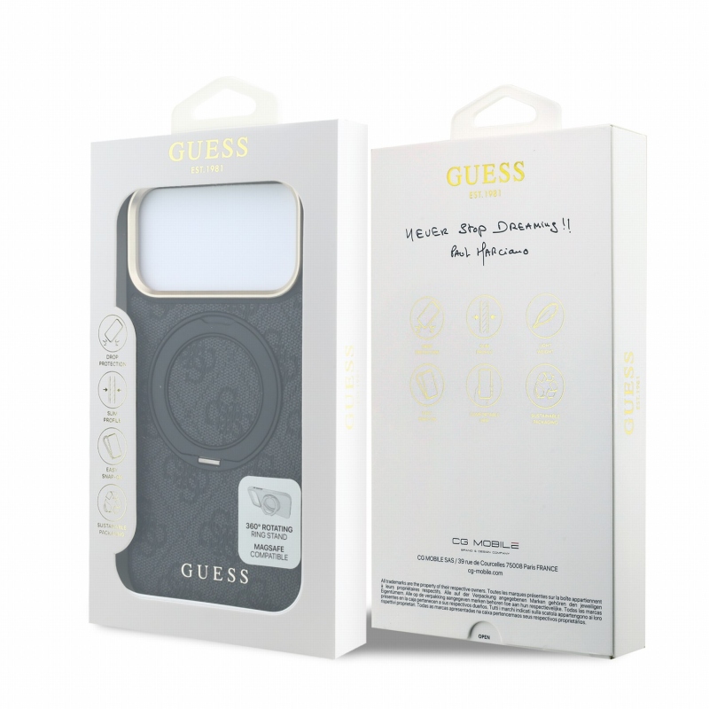 Guess PU 4G Ring Stand MagSafe hátlap az iPhone 18 Pro-hoz, fekete